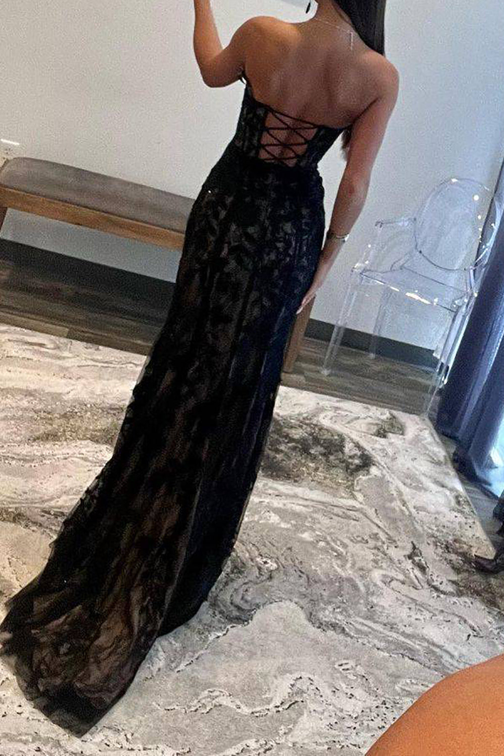 Vestido de fiesta Weitese de sirena con escote corazón y corsé negro con apliques